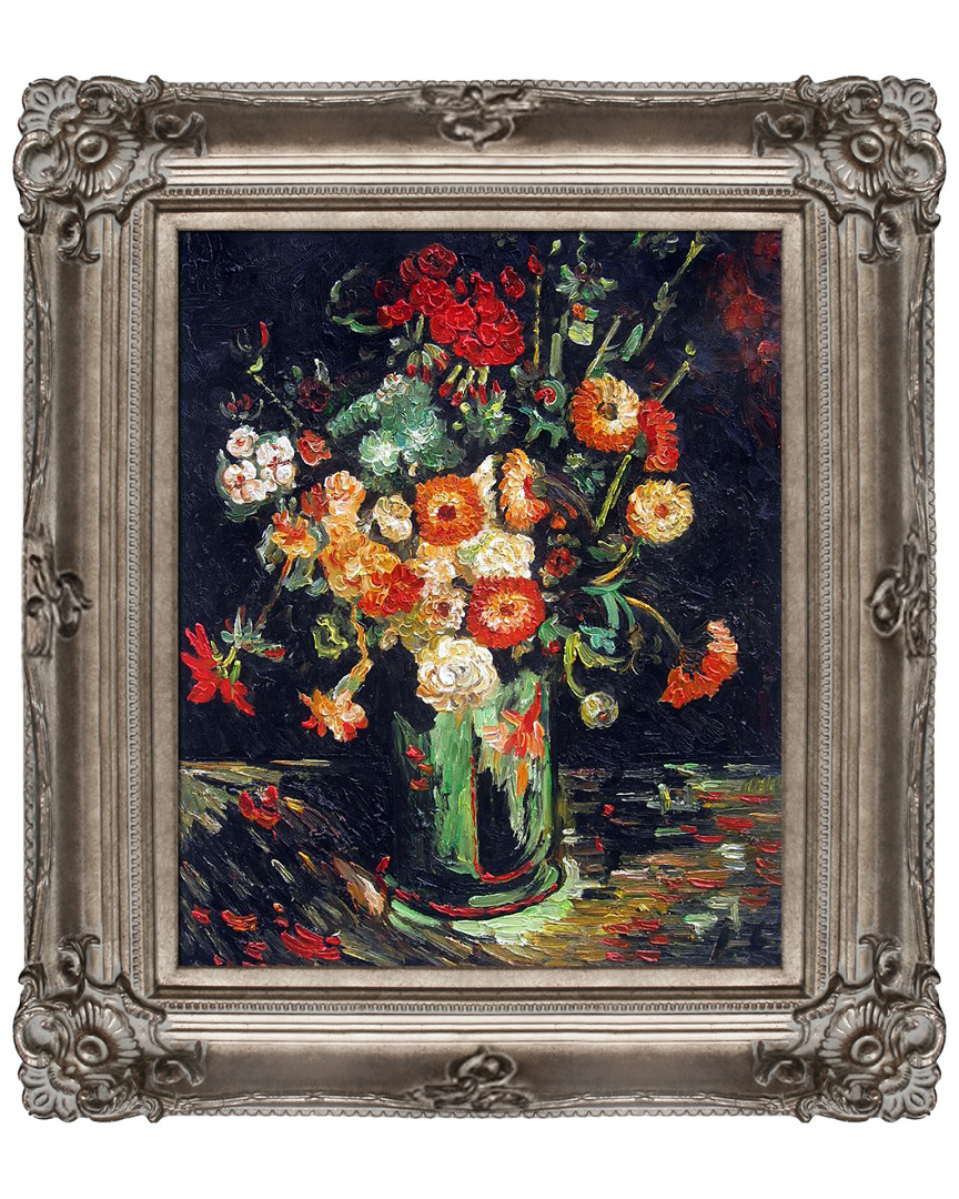 Museum Masters Vase With Zinnias And Geraniums Framed Oil Reproduction By Vincent Van Gogh
