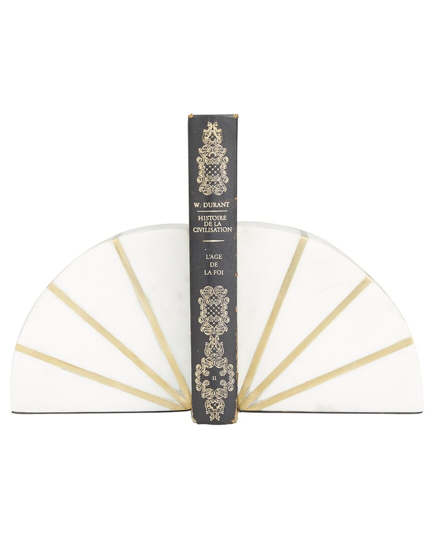 COSMOLIVING BY COSMOPOLITAN COSMOLIVING BY COSMOPOLITAN SET OF 2 GEOMETRIC WHITE MARBLE BOOKENDS WITH GOLD INLAY