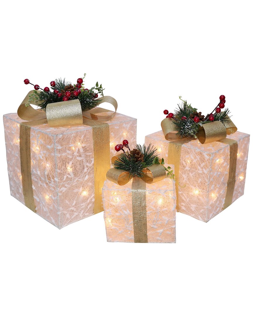 Seasonal Llc Seasonal Decor White Glitter Giftbox Pre-lit Set Of 3