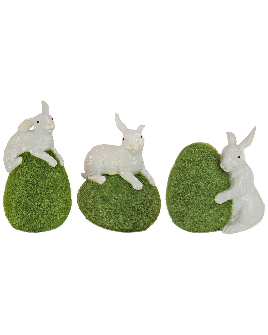 National Tree Company Set Of 3 White Bunnies With Green Moss Eggs