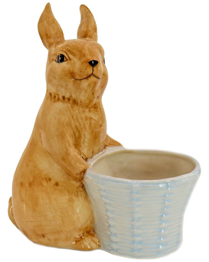 National Tree Company 11in Ceramic Bunny With White Basket In Brown
