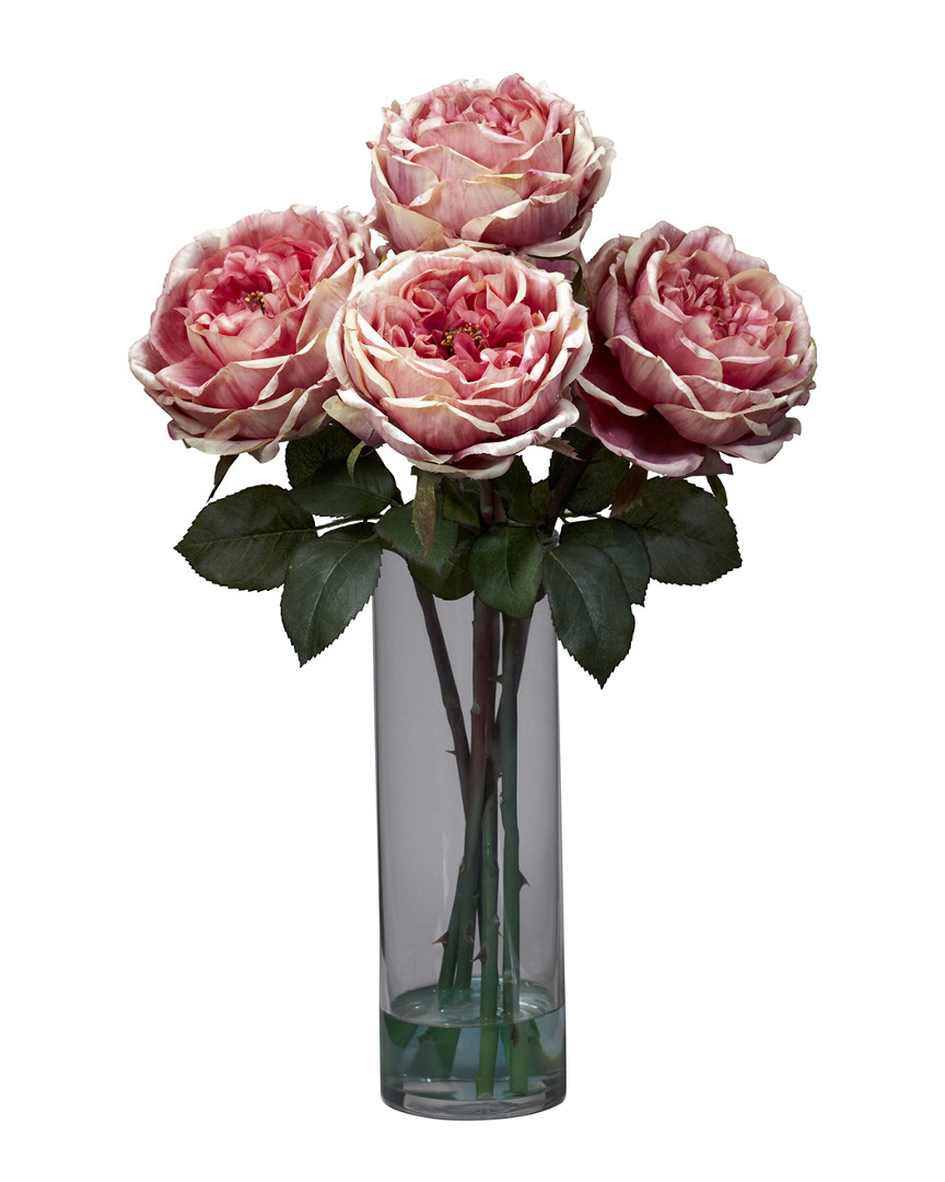 Nearly Natural Fancy Rose With Cylinder Vase Silk Flower Arrangement