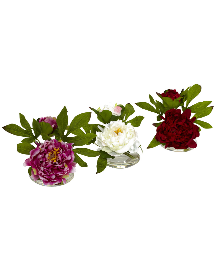 Nearly Natural Set Of 3 Peonies With Glass Vase