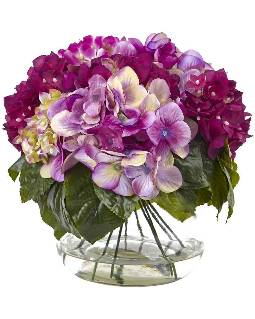 Shop Nearly Natural Multi-tone Beauty Hydrangea With Round Glass Vase