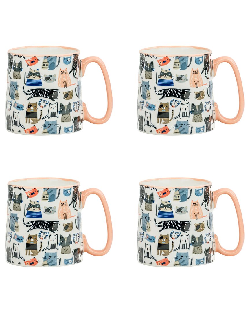 10 Strawberry Street Set Of 4 Bella Mugs: Coral Cat In Animal Print