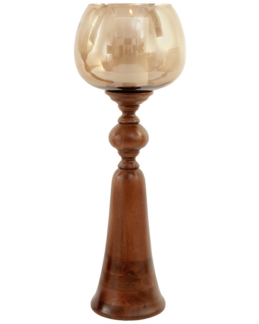 Harp & Finial Puri Candle Holder - Medium - Smoked Glass & Natural Wood Finish In White