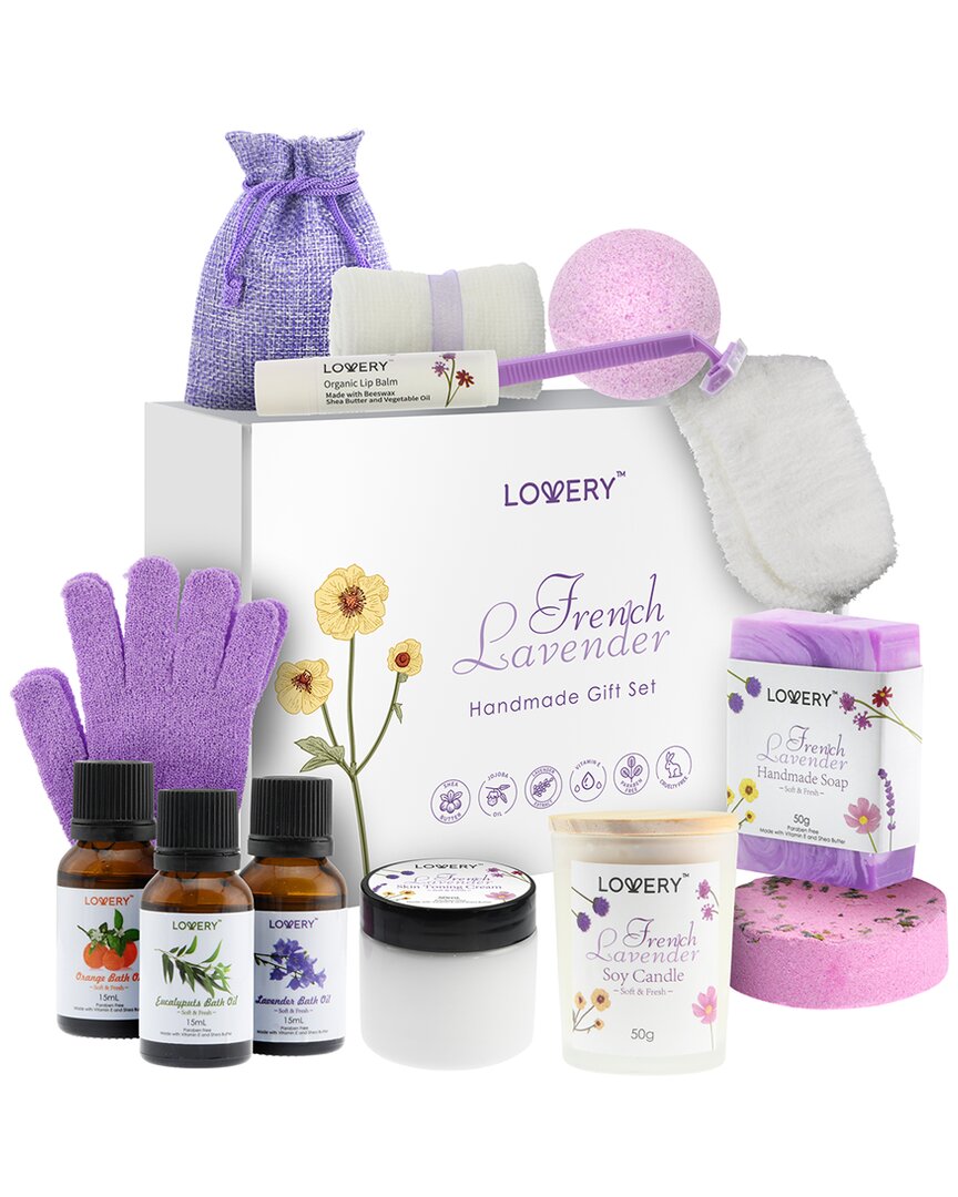 Lovery French Lavender Handmade Bath Gift Set, 18pc Relaxation Spa Kit, Selfcare