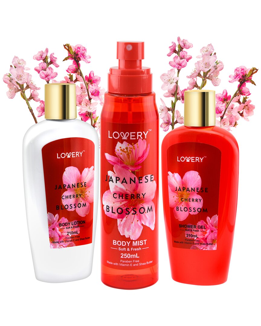 Lovery Japanese Cherry Blossom Bath And Body Gift Set, 3pc Body Care Travel Set In Red