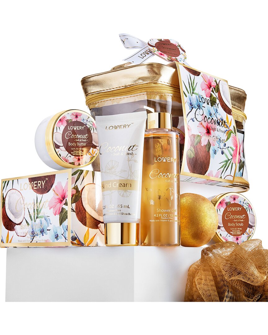 Lovery Coconut Bath And Body Gift Set, 8pc Body Care Kit In Travel Cosmetic Bag In Gold