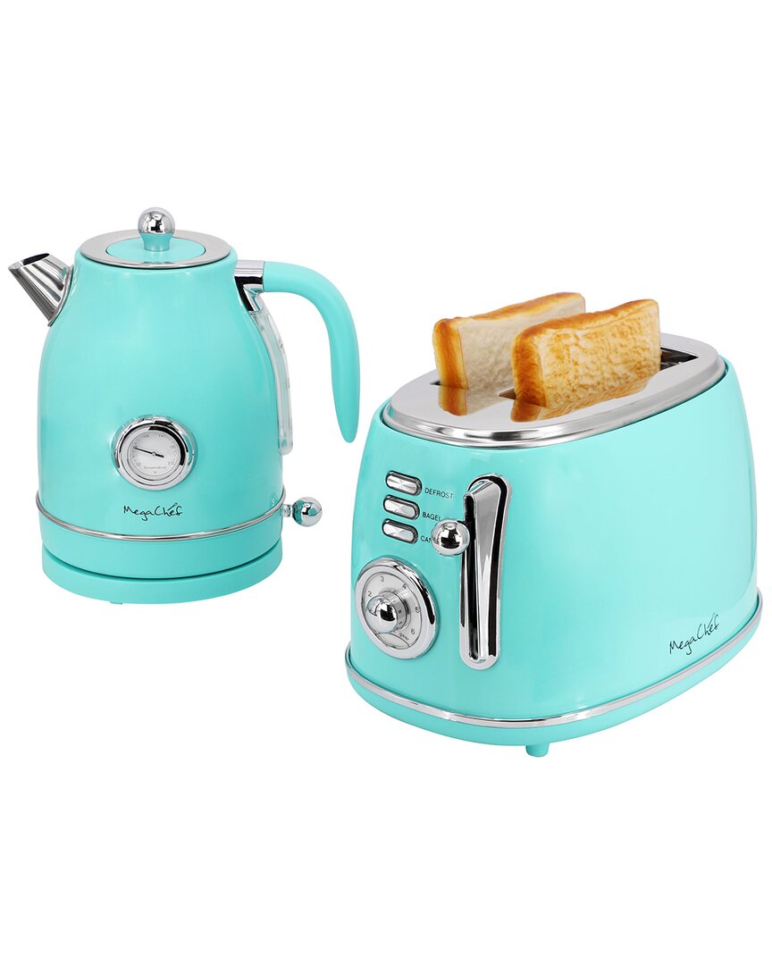 MEGACHEF MEGACHEF 1.7 QUART ELECTRIC TEA KETTLE AND 2 SLICE TOASTER COMBO IN TURQUOISE
