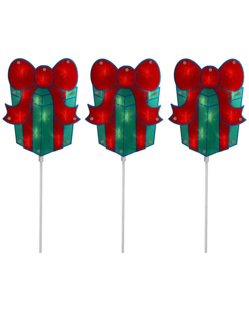 Northlight Set Of 3 Lighted Holographic Christmas Gift Box Pathway Markers In Red