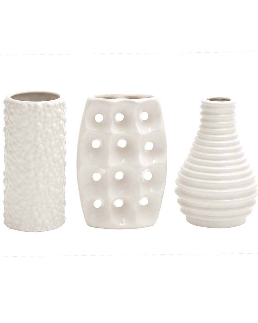 Cosmoliving By Cosmopolitan Set Of 3 Ceramic Vase With Varying Patterns In White