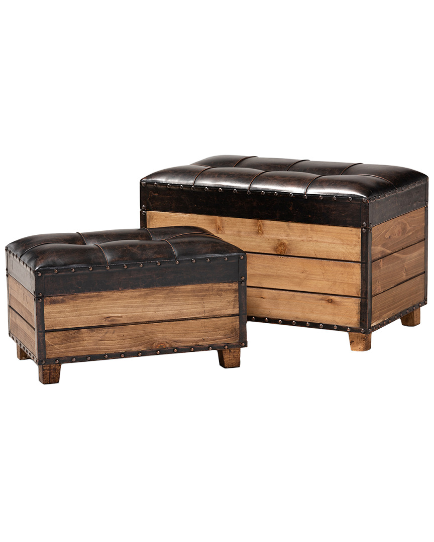 Design Studios Marelli Rustic Upholstered 2pc Wood Storage Trunk Ottoman Set In Brown