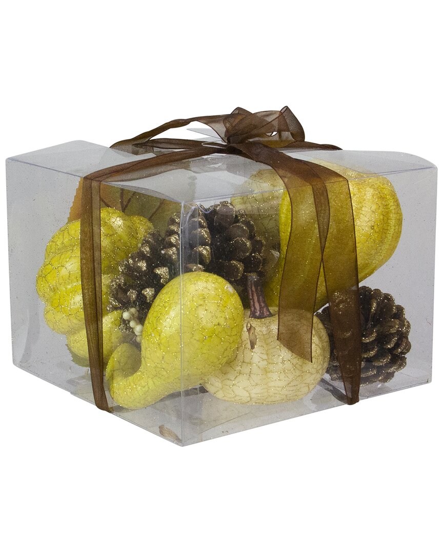 Northlight 12pc Crackled & Glittered Fall Harvest Pumpkin & Pine Cone Decoration Set In Multi