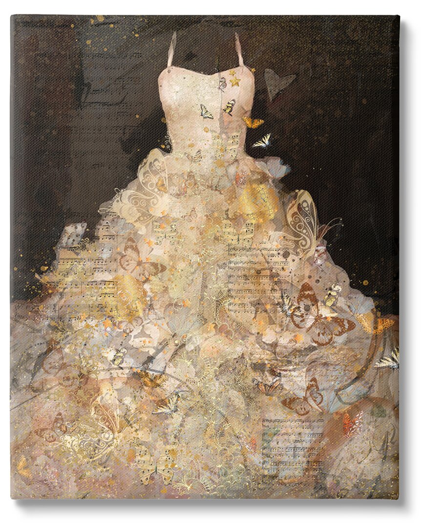 Stupell Industries Detailed Evening Gown Dress Text Collage Butterflies Stretched Canvas Wall Art By Marta W In Beige
