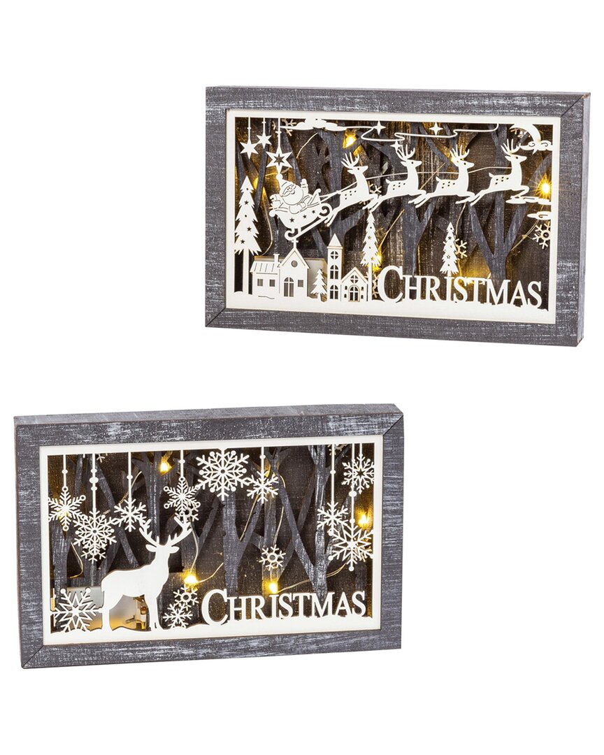 Gerson International ™ Set Of 2 11in Lighted Laser Cut Wood Holiday Scene Wall Décor In Brown