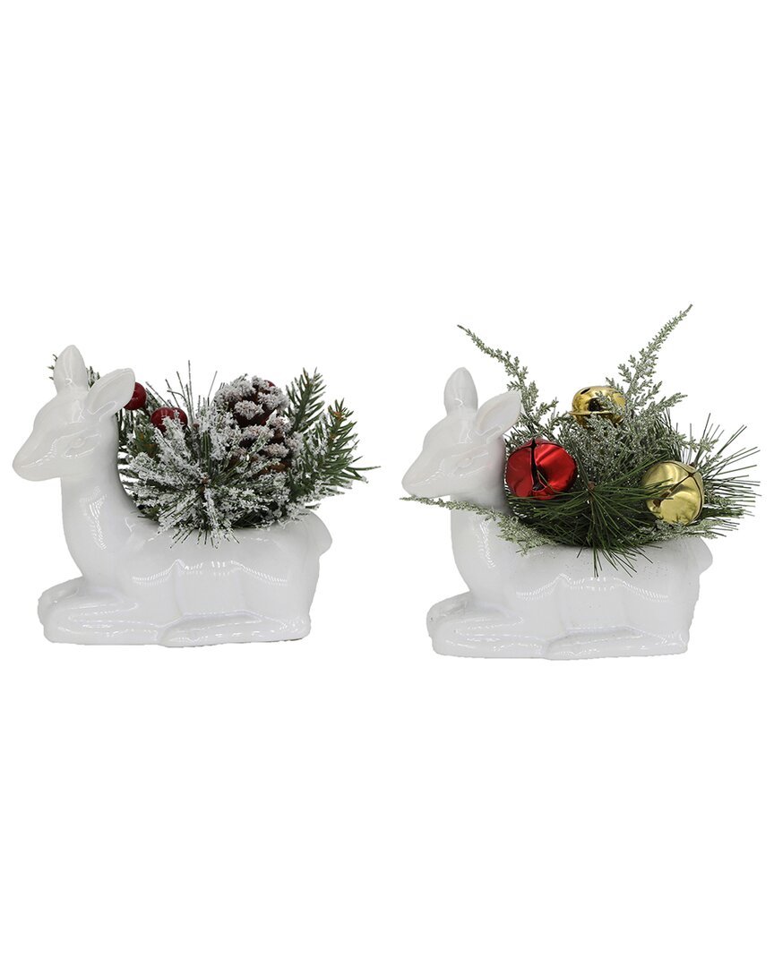 Flora Bunda Set Of 2 Xmas Mix In 5.8in White Deer Ceramic