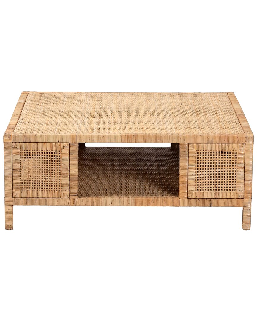 Baxton Studio Kalimantan Bohemian Rattan & Mahogany Wood Square Coffee Table In Brown
