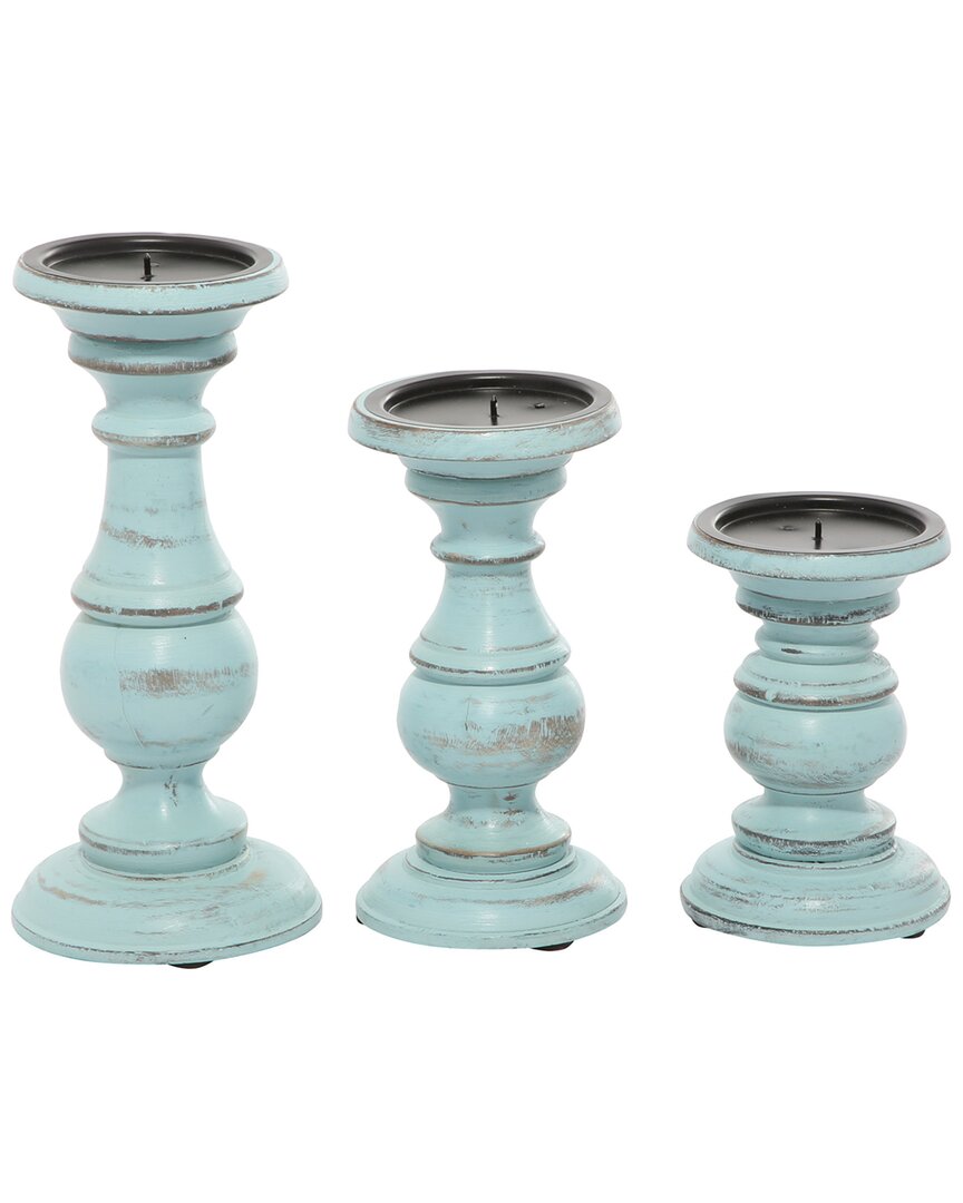 Peyton Lane Set Of 3 Traditional Solid Light Mango Wood Candle Holder With Distressed Finish In Light Blue