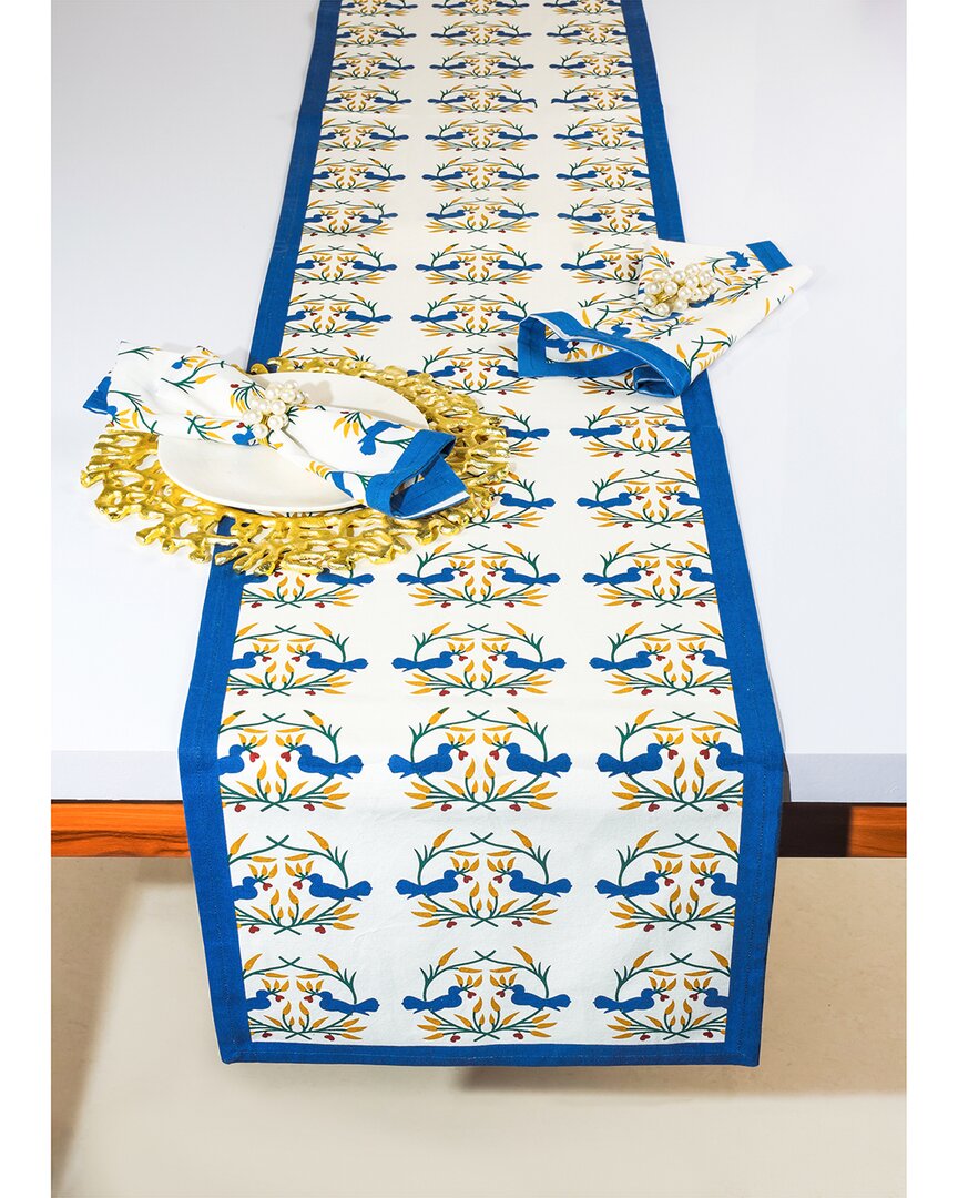 Tiramisu Bluebird Blooms Block Print Table Runner In Blue