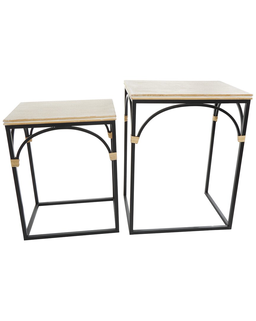 Peyton Lane Set Of 2 Arched Metal Accent Tables With Wooden Zig Zag Patterned  Top & Rattan Accents