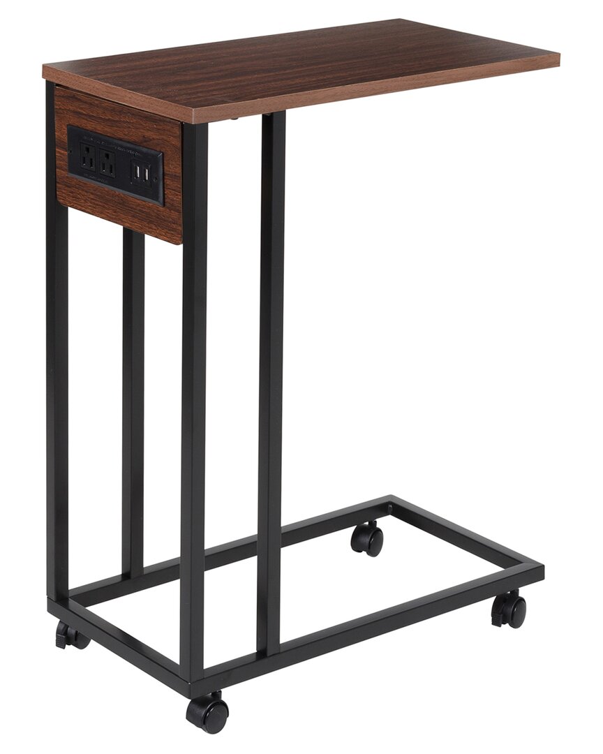 Honey-can-do C-shaped Side Table With Outlets And Wheels In Brown
