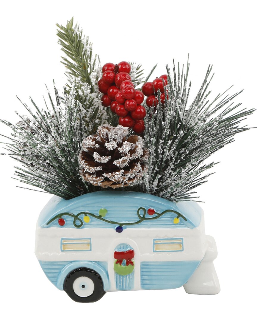Flora Bunda Xmas Mix In 8in Blue Ceramic Camper