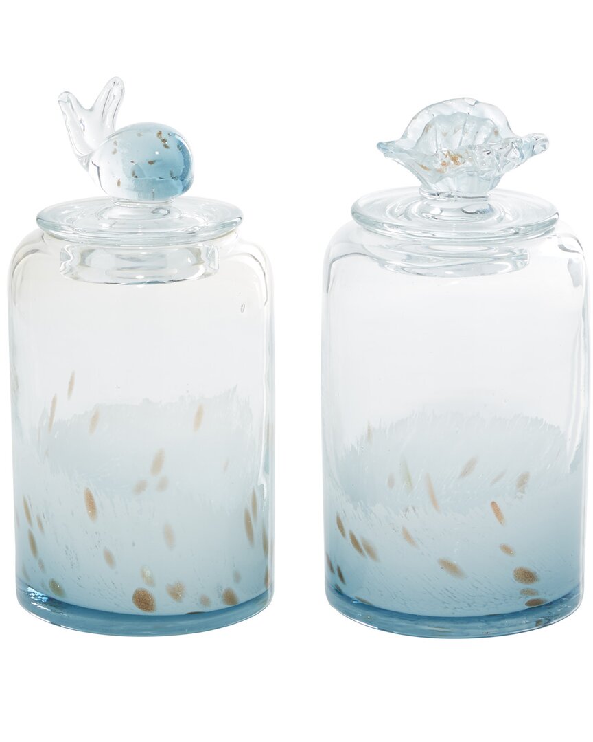 Peyton Lane Set Of 2 Sea Life Glass Handmade Decorative Jars With Whale And Seashell Tops In Blue