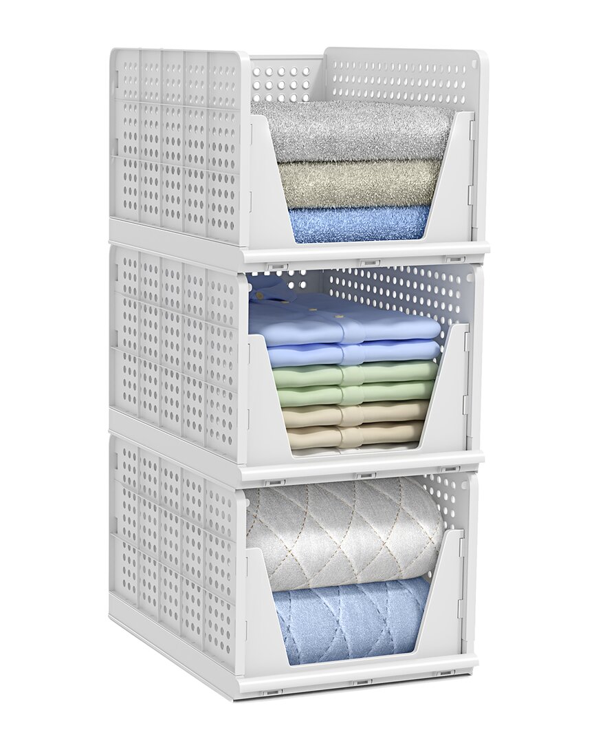 Sorbus Set Of 3 Large Foldable Open-front Stackable Plastic Baskets In White
