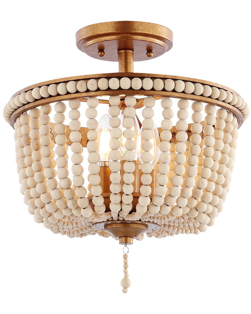 Jonathan Y Allie 14in 3-light Wood Bead/led Semi Flush Mount In Gold