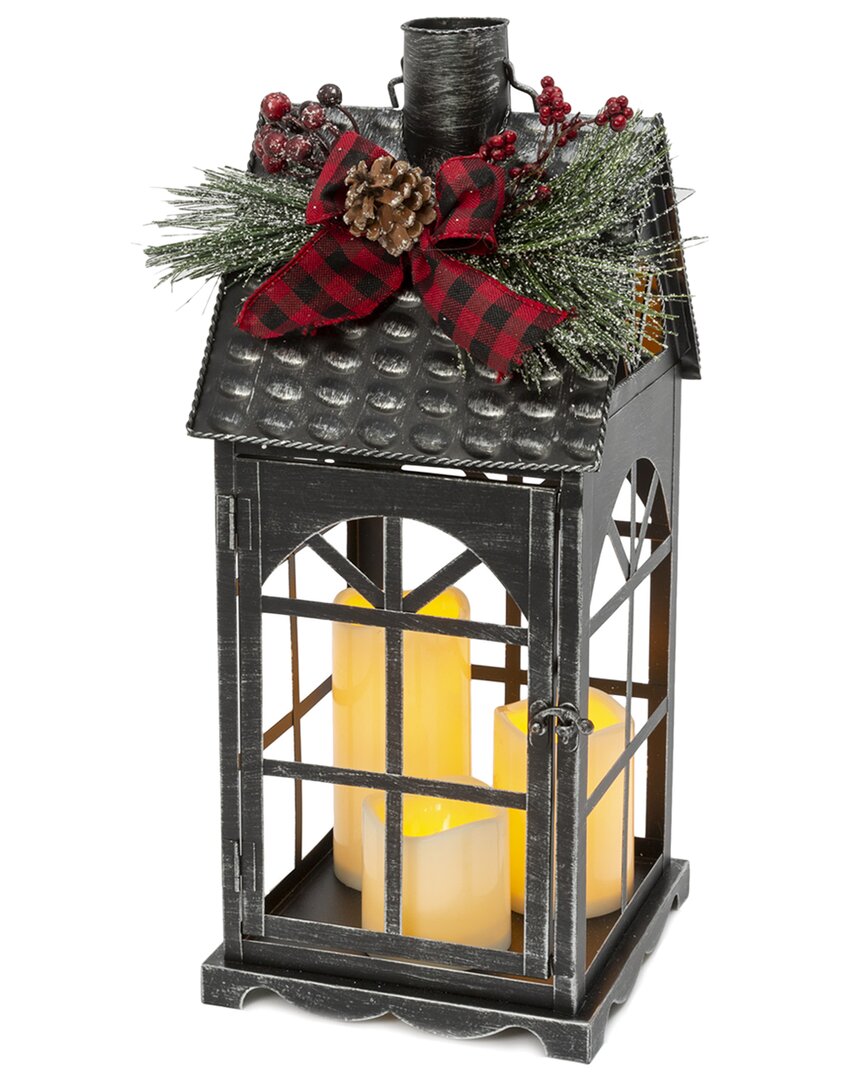 Gerson International Everlasting Glow 18.9in Metal Holiday Lantern With Led Candles And Floral Accent In Multicolor