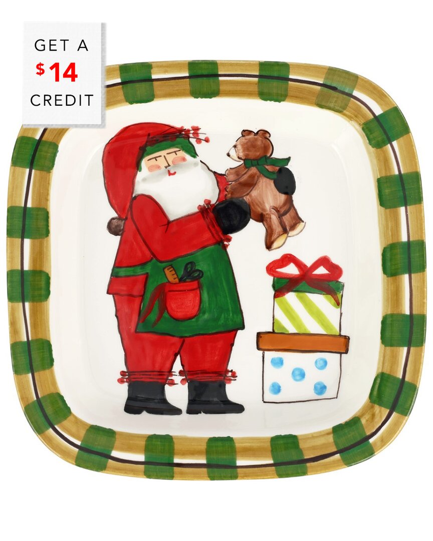 Vietri Old St. Nick Small Rimmed Square Platter With Teddy Bear