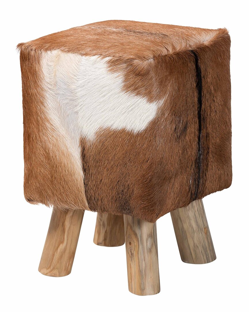 Baxton Studio Scotlyn Genuine Goat Leather Footstool With Teak Wood Legs In Multi