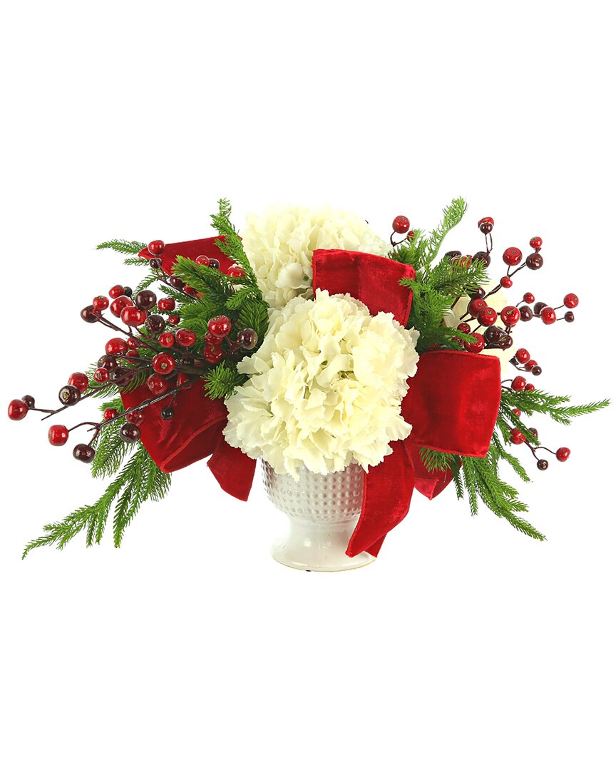 Creative Displays Cream Hydrangea And Evergreen Holiday Arrangement In Ceramic Vase In White