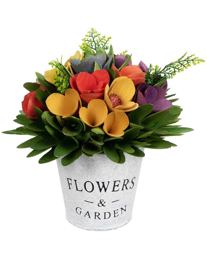 Northlight Wooden Artificial Floral Arrangement With Flowers & Garden Pot In Yellow