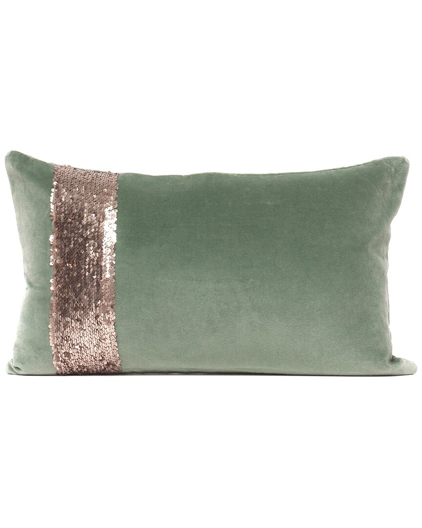 Harkaari Green Cotton Velvet & Sequined Lumbar Pillow