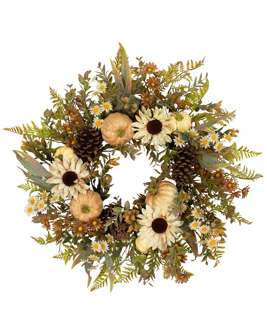 Northlight Sunflowers And Pumpkins Artificial Fall Harvest Wreath In Ivory
