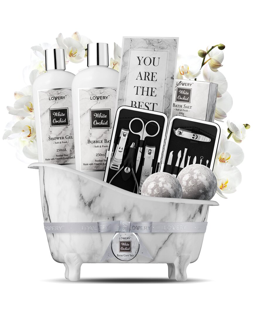 Lovery White Orchid Self Care Bath Gift Basket, 20pc Beauty & Personal Care Kit