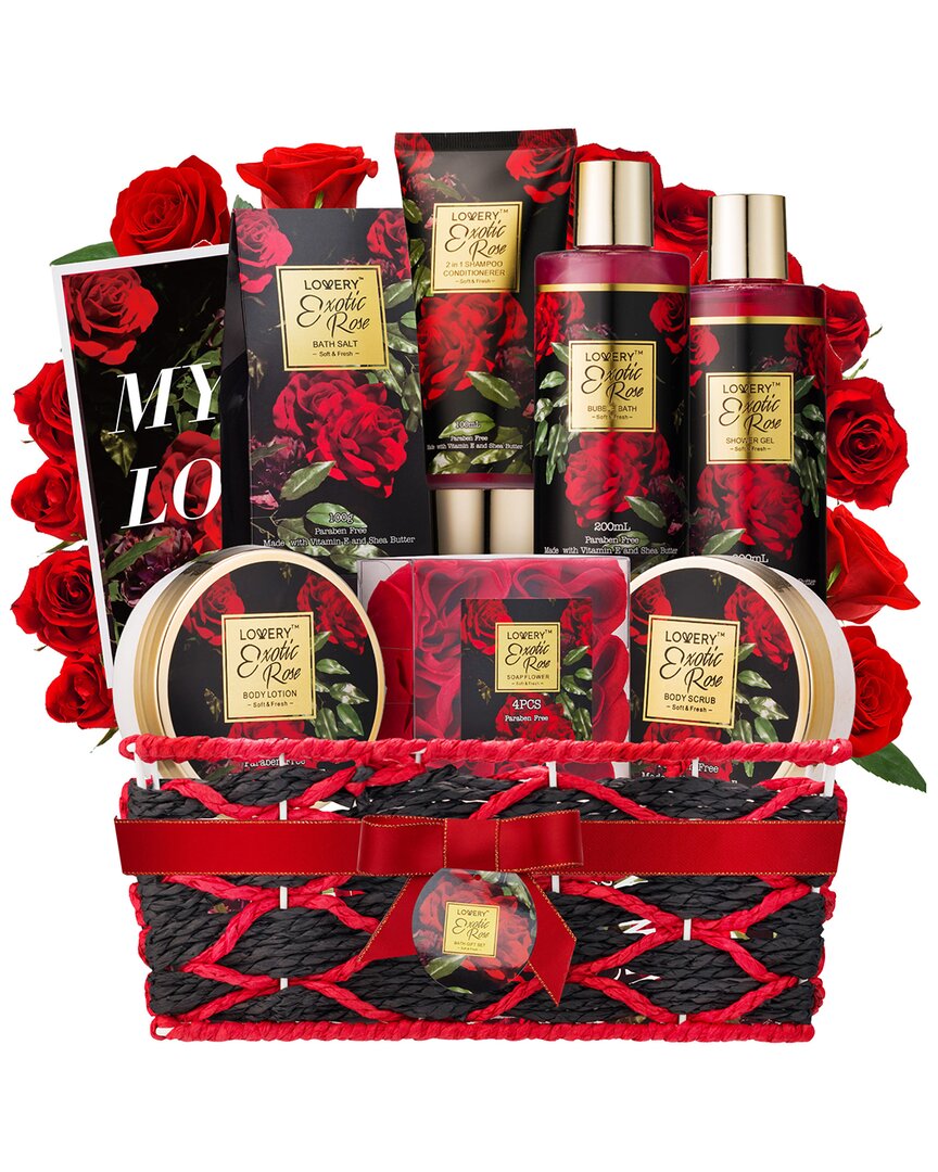 Lovery Exotic Rose Spa Gift Basket, 12pc Bath And Body Box, Self Care Package