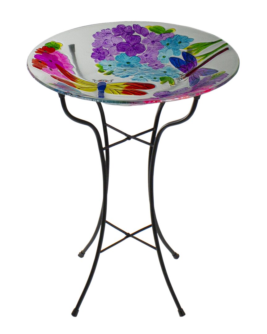 Northlight 18in Dragonflies Hand Painted Glass Outdoor Patio Birdbath