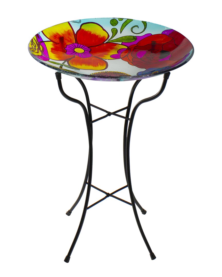 Northlight 18in Hand Painted Glass Floral Pattern Outdoor Patio Bird Bath