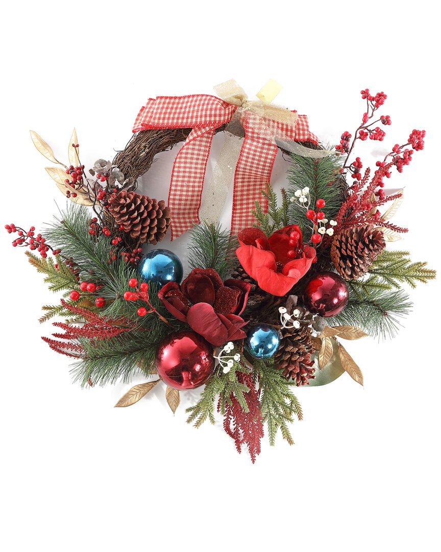 Safavieh Faux 28 Inch Magnolia Oval Wreath W/ Ornaments & Bow