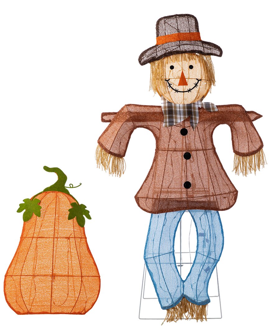 Glitzhome Handmade Set Of 2 Lighted Fall Scarecrow & Pumpkin Outdoor Decor In Multi