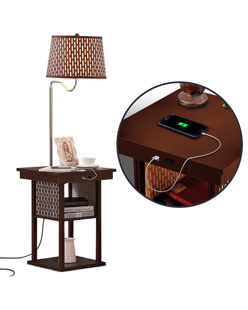 Brightech Madison Brown Side Table & Lamp With Usb Port