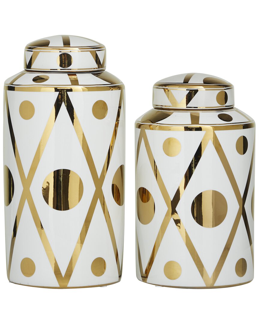 The Novogratz Set Of 2 Geometric White Ceramic Decorative Jars With Gold Accents