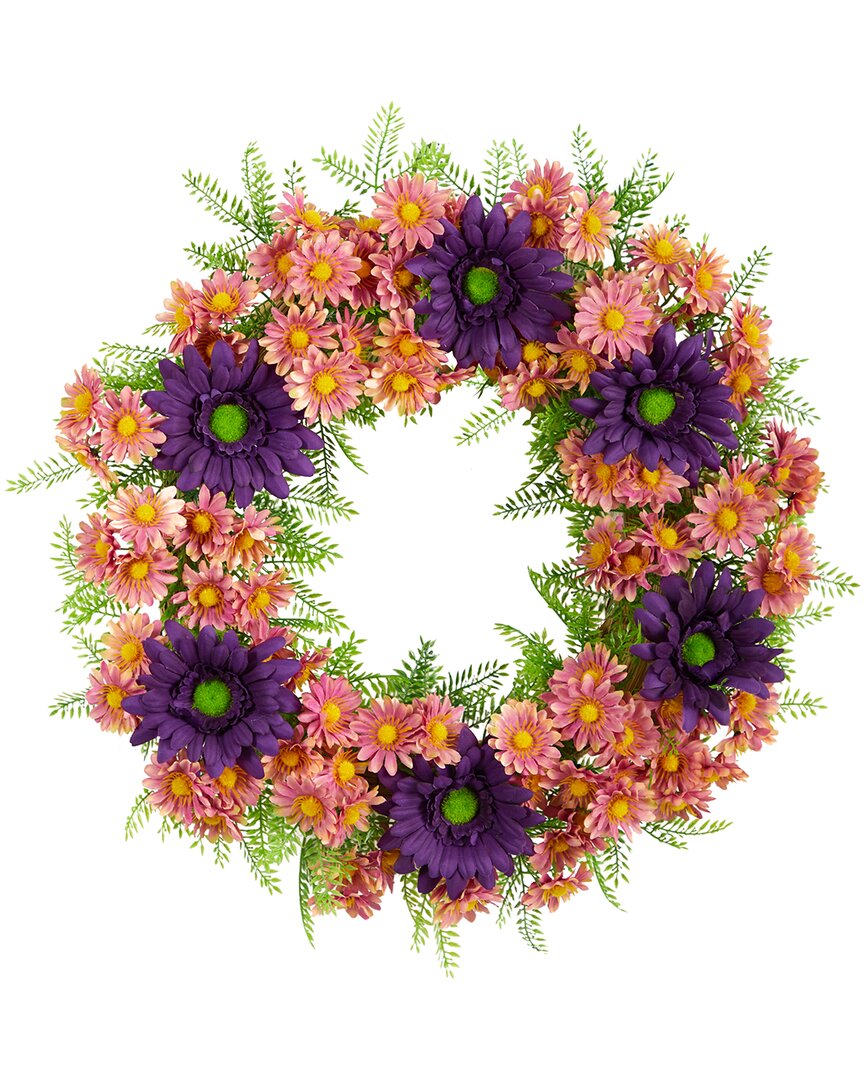 Nearly Natural 21in Mixed Daisy Artificial Wreath In Purple