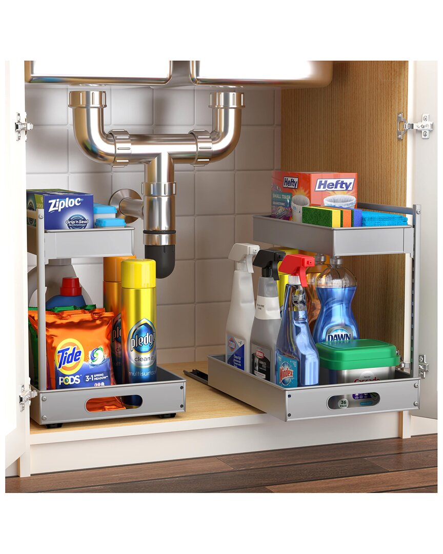 Sorbus Set Of 2 Under Sink Silver Organizer With Sliding Tracks