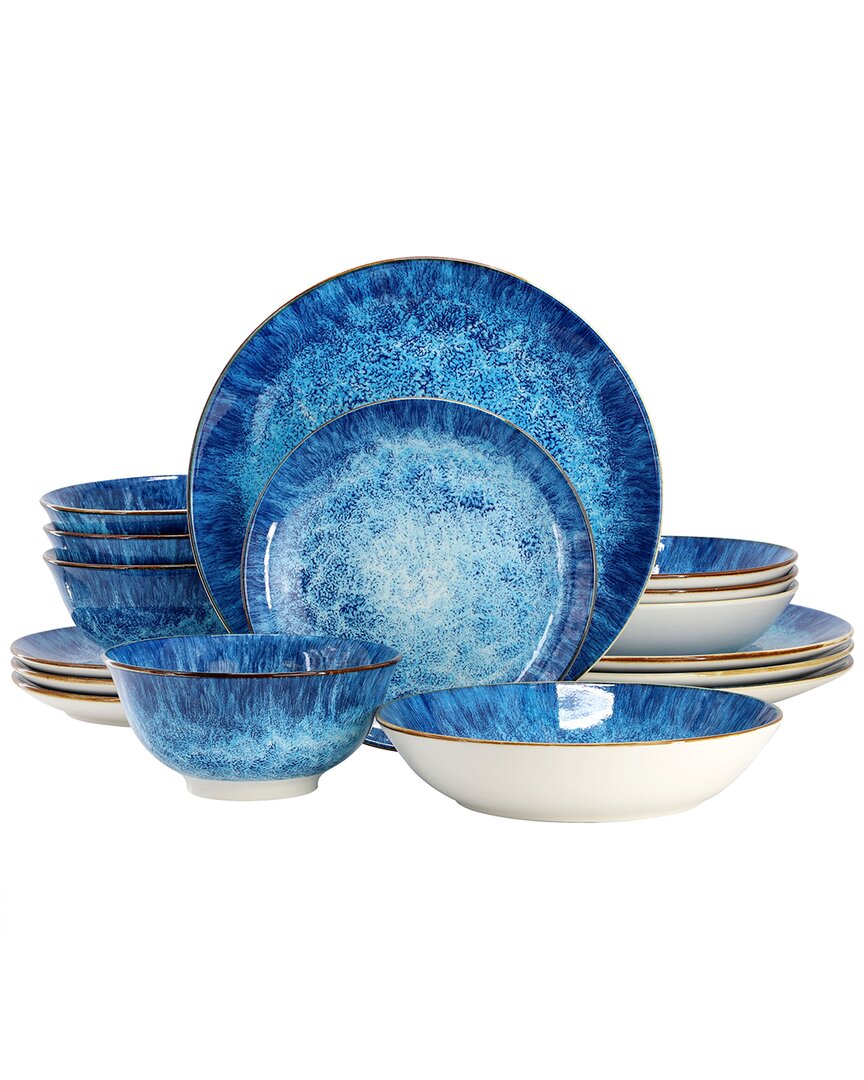 Elama Oceanus 16pc Porcelain Double Bowl Dinnerware Set In Blue