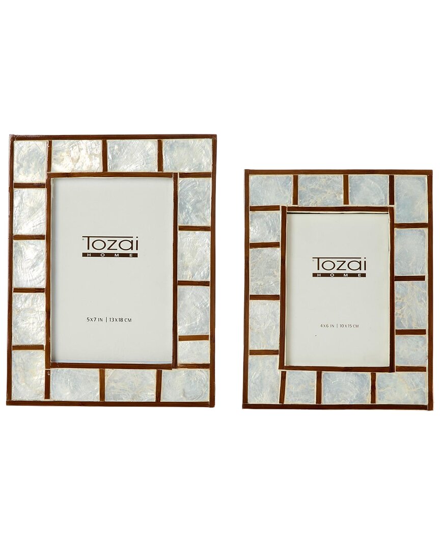 Tozai Home Set Of 2 Hand Inlaid Bamboo/capiz Shell Photo Frames In White