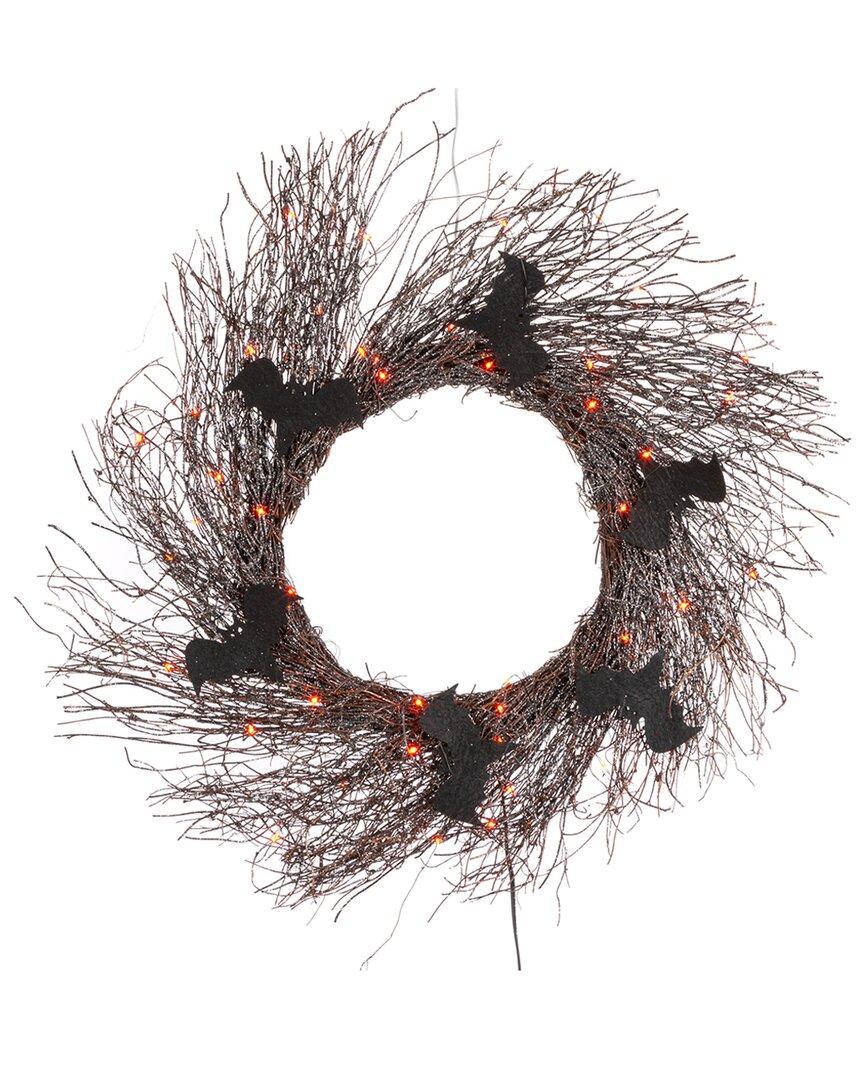 Gerson International Everlasting Glow 19.68in D Black Glitter Twig Halloween Wreath With Black Bats And Orange Lights